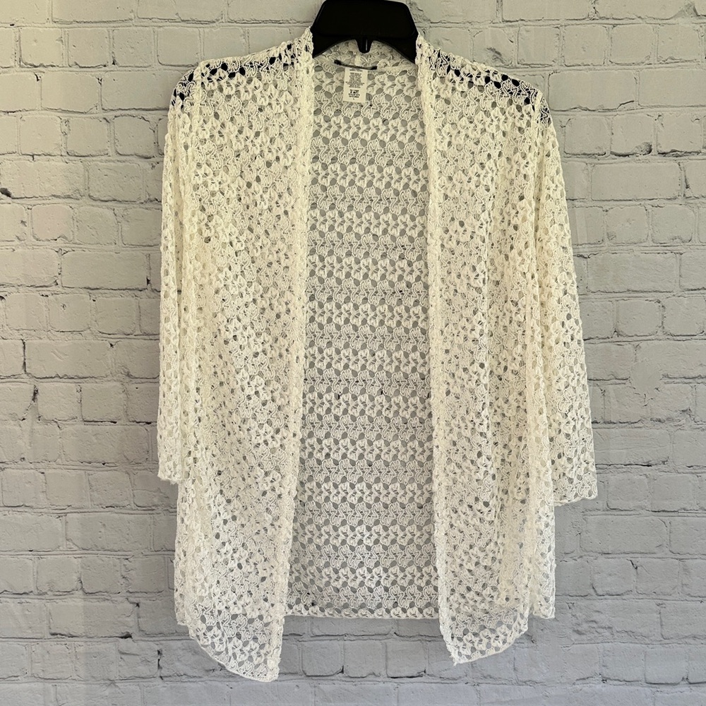 Brittany Black Open-Front White Lacey Cardigan - Women